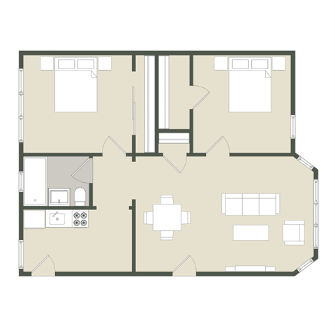 Floor plan for 2 beds, 1 bath, 740 sqft